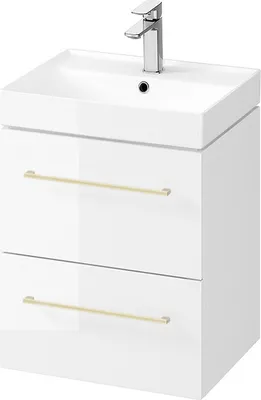Produktbild von BADLAND Badmöbel Set Badezimmerschrank mit Keramikwaschbecken, 2-Schubladen LARGA 50 Weiß, 2x Golden Möbelgriffe
