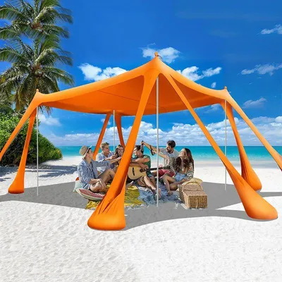 Image de Tente de plage ZELURXX, protection solaire UPF 50+, auvent à monter soi-même, mâts en aluminium réglables, tente de camping portable, résistante au vent, orange