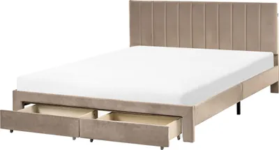 Produktbild von BELIANI Bett Taupe Samt Gepolstert mit Schubladen Lattenrost 160x200 cm Hohes Gestepptes Kopfteil Modern Schlafzimmer Polsterbett Samtbett