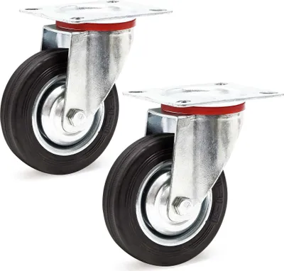 Immagine prodotto di Set di ruote girevoli Wiltec 2x ruote da trasporto con ruota in gomma piena Ø100 mm fino a 70 kg per ruota con cerchio in metallo e piastra di montaggio, funzionamento silenzioso, ruote da trasporto ruote per mobili ruote