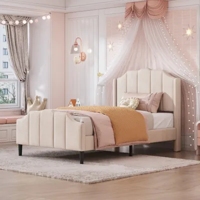 Produktbild von Kinderbett  Polsterbett 90 x 200 cm Bettrahmen mit Kopfteil, Fußteil und Lattenrost Beige Samt gepolstertes Doppelbett Jugendbett