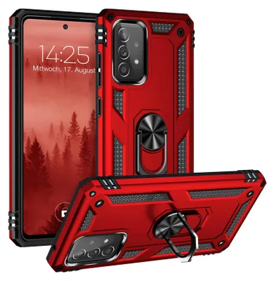A red phone case with a built-in ring stand is displayed alongside a smartphone.
