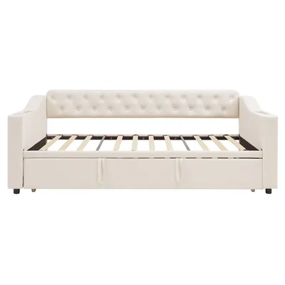 Produktbild von Flieks Schlafsofa Sofabett 90x190cm/180x190cm mit Ausziehbett, Polsterbett Tagesbett Daybed mit Ladefunktion, Jugendbett Gästebett, Samt, Beige