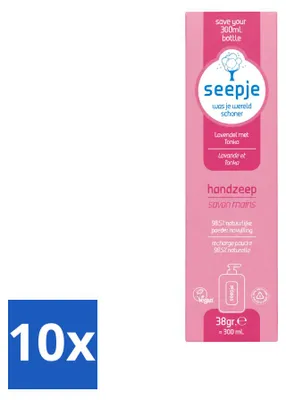 Imagen del producto de 10 unidades de recambio de jabón líquido para manos Seepje, aroma lavanda y tonka, 38 g. Paquete económico