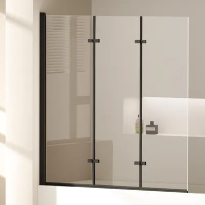 Image de EMKE Paroi de douche 130 x 140cm cadre noir mat baignoire paroi pliante nano-revêtements ESG verre de sécurité paroi de douche verre pour baignoires