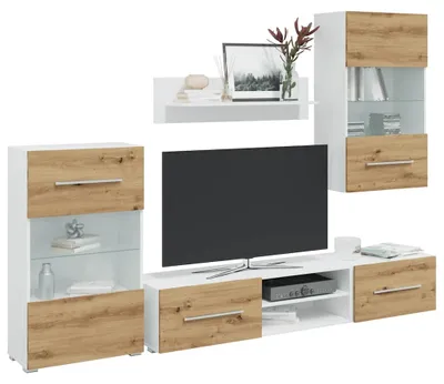 Image de Meuble TV - Meuble de télévision - Console TV - Meuble bas - Meuble mural - Aspect bois en chêne - Éclairage LED