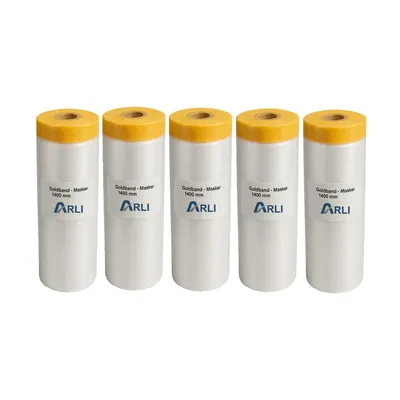 Produktbild von ARLI 5x Goldband Masker 1400 mm x 25 m Abdeckfolie mit Klebeband Malerfolie Transparent Baufolie Tape