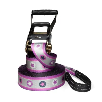 Produktbild von Slackline Set mit Halteseil, Pink Stars, 15 Meter, inklusive Tragebeutel aus Leinen