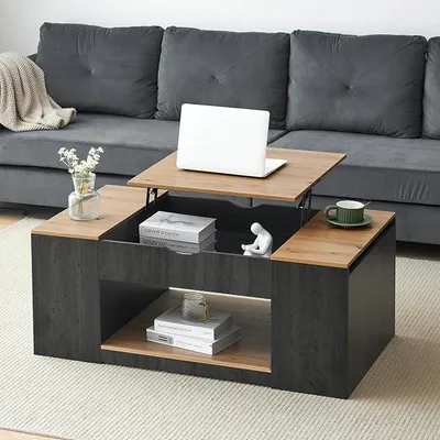 Imagen del producto de Mesa de centro con altura ajustable, mesa para sala de estar, mesa de café con compartimento abierto, almacenamiento oculto, superficie elevable, mesa auxiliar de madera para sofá, ideal para apartamentos y oficinas, en color gris y marrón claro