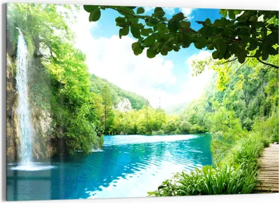 Produktbild von DEQORI Glasbild Echtglas 90x60 cm 'Wasserfall im grünen Wald' Wandbild Bild modern Deko