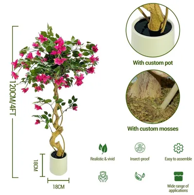 Image de Bougainvillier artificiel - Plante de sol fleurie - Fleurs roses - 120 cm - Polyester - Pour intérieur - Décoration d'intérieur