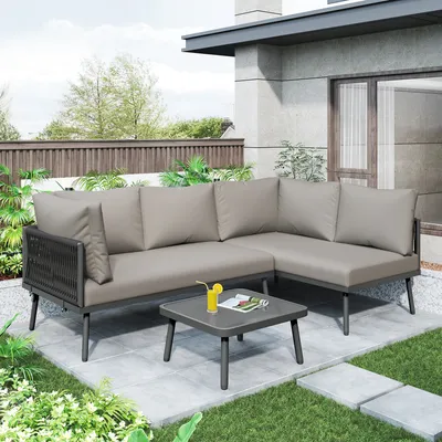 Produktbild von STILVORA Garten-Lounge-Set aus grünem Seil mit handgeflochtener Struktur und pulverbeschichtetem Eisenrahmen, Gartenmöbel-Set L-förmig mit 10 cm dicken Sitzkissen für hohen Komfort, Outdoor-Sofa mit gehärtetem Glastisch und verstellbaren Füßen Grau