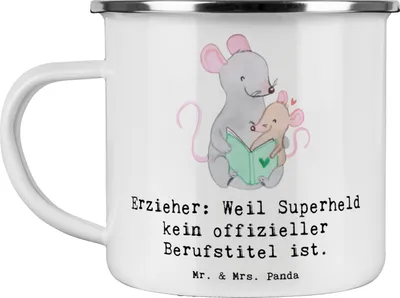 Produktbild von Mr. & Mrs. Panda Teetasse Erzieher Superheld - Weiß - Geschenk, Dankeschön, Emaille Becher, Berufsgestaltung, Beruf, Lernen, Kaffeepott, Bezugsperson, Pott, Berufe