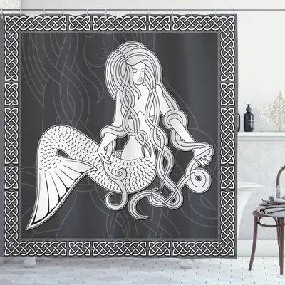 Obrázok produktu pre ABAKUHAUS Sprchový záves s motívom morskej panny, retro umenie morskej panny, ktorá si češe vlasy s keltskými vzormi, 175 x 200 cm, hnedá a biela