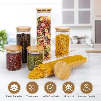 Image de 6 bocaux en verre hermétiques avec couvercles en bois pour la conservation des aliments