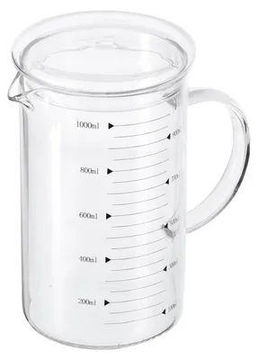 Glas-Messbecher 1000 ml, Borosilikatglas, schwarze Skala, mit Deckel