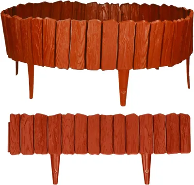Two views of a brown plastic garden border with a wood-grain texture.
