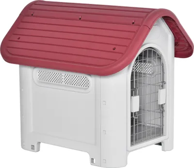 Produktbild von PawHut Hundehütte Outdoor Hundehaus mit Dachluke Tor Unterschlupf für kleine Hunde Kleintierstall Luftzirkulation wasserdicht Metall Kunststoff Rot+Hellgrau 59 x 75 x 66 cm
