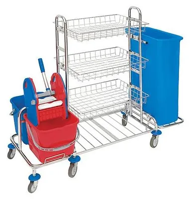 Produktbild von CleanSV verchromter Putzwagen Reinigungswagen mit Moppresse, 2 Eimern, Müllsackhalter und 3 Körben
