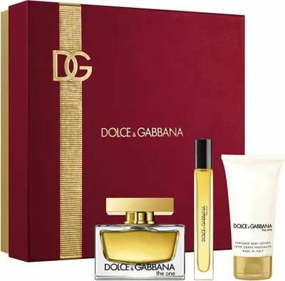 A gift set of Dolce & Gabbana 'The One' fragrance, including an Eau de Parfum, a rollerball, and a body lotion, presented in a red gift box.