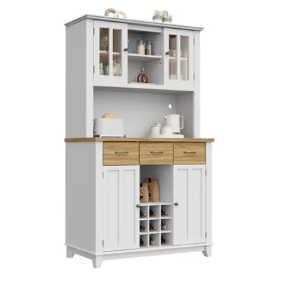 Produktbild von Küchenschrank, Hochschrank Küchenbuffet, Vitrinenschrank, Buffetschrank mit Verstellbaren Ablagen, Sideboard mit LED-Beleuchtung, Buffetschrank(Holzfa