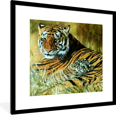 Produktbild von MuchoWow® Gerahmtes Poster Ölgemälde Tiger und ihr Junges 40x40 cm - Poster mit Schwarzem Bilderrahmen Wandposter Rahmen Foto Bilder - Poster - Plakat im Rahmen