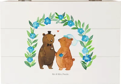 Produktbild von Mr. & Mrs. Panda Holzkiste Bären Hochzeit 22 x 15 cm - Weiß - Geschenk, Geschenkbox, Schatzkiste, Hochzeitskarte, fotobox, Hochzeitsgeschenk, Hochzeitstag, Zur, Kiste
