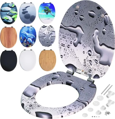 A collage of different toilet seats with various designs, including one with a water drop pattern that is also shown open and installed.