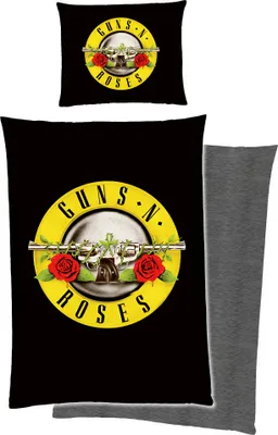 A bedding set with a Guns N' Roses logo.