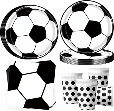 Immagine prodotto di Set di stoviglie di carta a tema calcio, composto da 52 pezzi, per 16 persone, nei colori nero e bianco, ideale per feste di compleanno per bambini