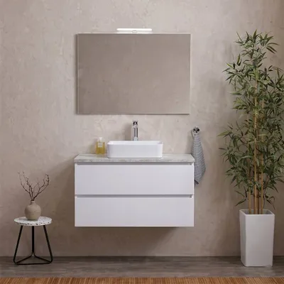 Immagine prodotto di Mobile bagno sospeso 80cm bianco export con top beton, specchio e lampada | Berlin