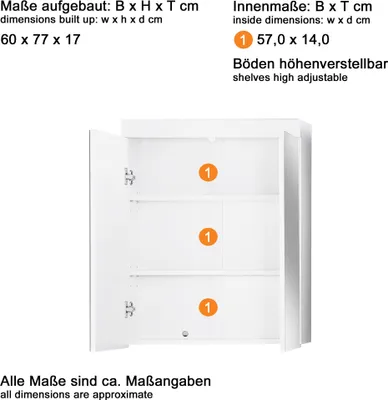 Zdjęcie produktu dla trendteam szafka łazienkowa z lustrem Amanda biała melamina/biały wysoki połysk głęboko tłoczona 60 x 77 x 17 cm