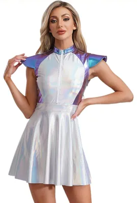 Produktbild von Damen Alien Kostüm Space Girl Metallic Gr L Kleid mit Kopfschmuck – Weltraum Astronautin Sci-Fi Karneval Fasching Halloween Party Konzert Rave