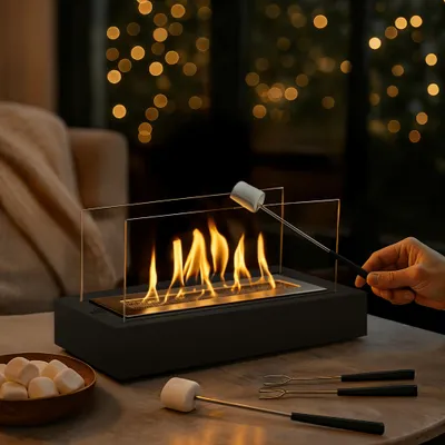 Produktbild von Double T Concept® Indoor Feuersäule Dekokamin Tischkamin Dekofeuer Tischfeuer Terrassenkamin Juno Schwarz Bioethanol Holz Feuersäule Lagerfeuer
