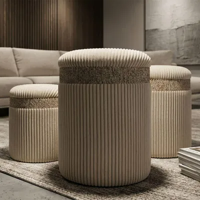 Produktbild von Cremefarbener Pouf mit Behälter, 3er-Set, ø 40,5 x 49,5 - 35 x 42 - 31 x 38 cm