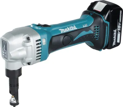 A cordless metal shear tool with a battery pack attached.