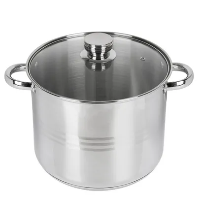 A stainless steel stockpot with a glass lid is shown against a white background.