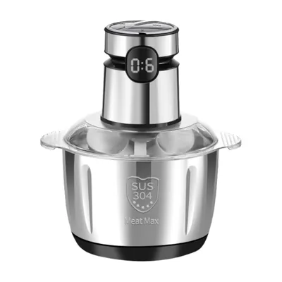 A stainless steel meat grinder with a digital display on a white background.