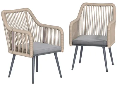Productafbeelding van Set van 2 weerbestendige tuinstoelen met armleuningen, zitkussens, metalen frame, draagvermogen tot 120 kg, lichtgrijs