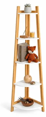 Produktbild von Bambus Eckregal Weiß/Natur – Regal mit 5 Ablageböden für Bad, Wohnzimmer & Kinderzimmer