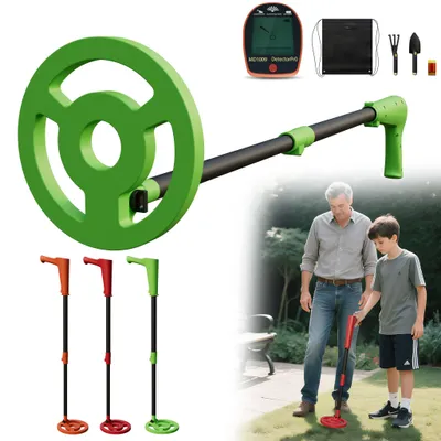 Produktbild von XMTECH Kinder Metalldetektor Grün, Verstellbarer Schatzsucher mit wasserdichter 16,5 cm Suchspule, LCD-Display, Signalton, inklusive Schaufel & Tragetasche, Metallsuchgerät für Kinder & Erwachsene