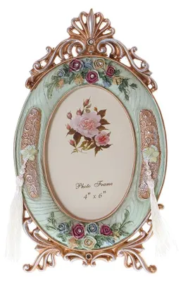 Ovale Fotoliste, Rosenmotiv, Mintgrün-Gold, 10x15 cm
