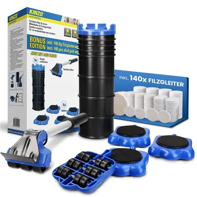 Produktbild von KINZO Möbelroller Möbelheber - 4 Rollen Plus Möbelheber und 140x Bonus Filzgleiter Set - 1200 kg Gesamtbelastung, 300 kg je Roller - Möbeltransportrolle mit 9X Höhenregler