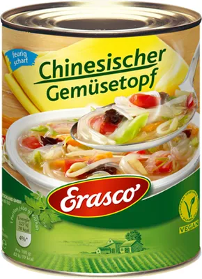 A can of Erasco Chinesischer Gemüsetopf (Chinese Vegetable Stew). The can has a label with a picture of the stew and branding.