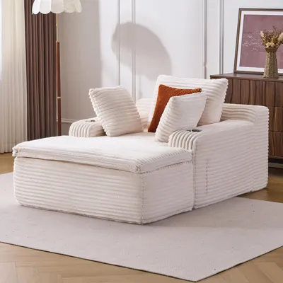 Productafbeelding van Slaapbank zonder voetsteun, loungebank met chaise longue, woonkamerbank met 3 kussens en 1 deken, geen montage nodig, beige