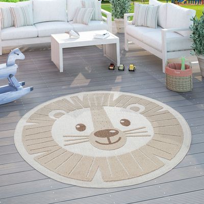 Kinderteppich Kinderzimmer Outdoorteppich Rund Spielteppich 3D Effekt Löwe Beige Grösse Ø 160 cm Rund