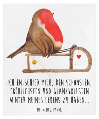 Produktbild von Mr. & Mrs. Panda Tagesdecke Rotkehlchen Schlitten - Weiß - Geschenk, Weihnachten, Schlafdecke, Bettdecke, Decke, Bettüberwurf, Kuscheldecke, Vogel