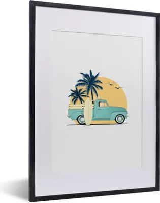 Produktbild von MuchoWow® MuchoWow® Gerahmtes Poster Auto - Strand - Surfbrett - Zeichnung 30x40 cm - Poster mit zchwarzem Bilderrahmen - Wandposter Schlafzimmer