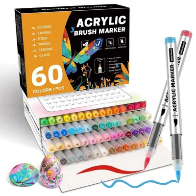 Produktbild von Acrylstifte Set 60 Farben Pinselspitze wasserfest schnelltrocknend ungiftig für Glas Holz Keramik Metall Leinwand