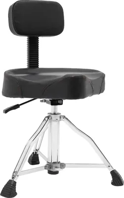 Obrázek produktu pro Bubenícká stolička/židle – s opěrkou zad – pneumatické nastavení výšky 45–60 cm – otočná o 360° – opěrka zad 16 cm – šířka sedáku 43 cm – nosnost 120 kg – černá barva